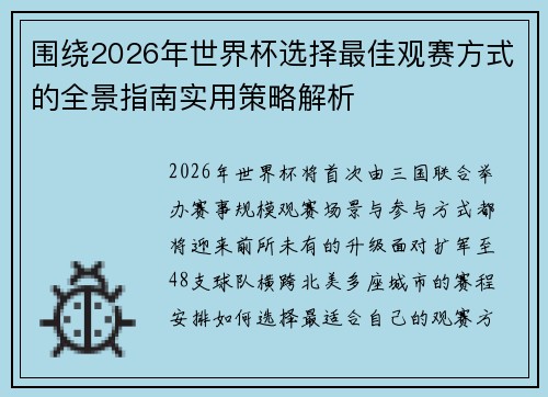 围绕2026年世界杯选择最佳观赛方式的全景指南实用策略解析