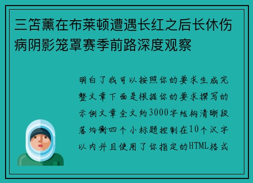 三笘薰在布莱顿遭遇长红之后长休伤病阴影笼罩赛季前路深度观察