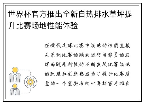 世界杯官方推出全新自热排水草坪提升比赛场地性能体验 世界杯官方推出全新自热排水草坪提升比赛场地性能体验