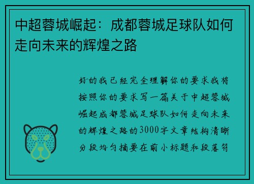 中超蓉城崛起：成都蓉城足球队如何走向未来的辉煌之路